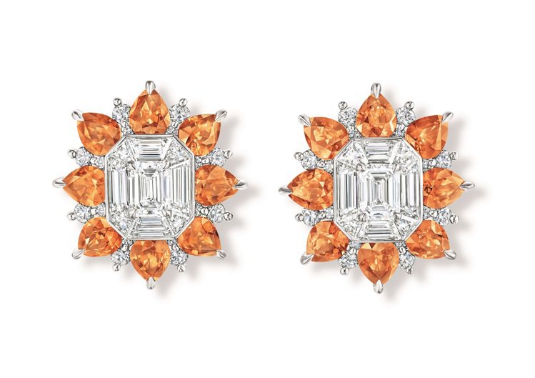 海瑞溫斯頓頂級珠寶系列錳鋁榴石鑽石耳環，價格店洽。圖 / Harry Winston提供
