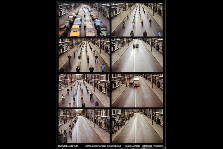 「自行車騎士聯盟」於1978年製作的海報，說明不同交通工具占用道路空間的差距。 圖／維基共享