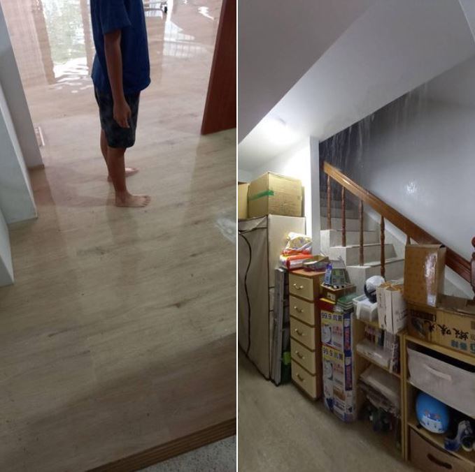 一名女網友貼出兩張住家照片，只見一名成年人踩在光滑的木質地板卻「水淹腳目」；另一...