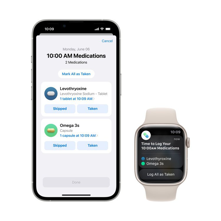 Apple Watch和iPhone 上的全新「用藥」體驗，讓使用者可以管理並追...