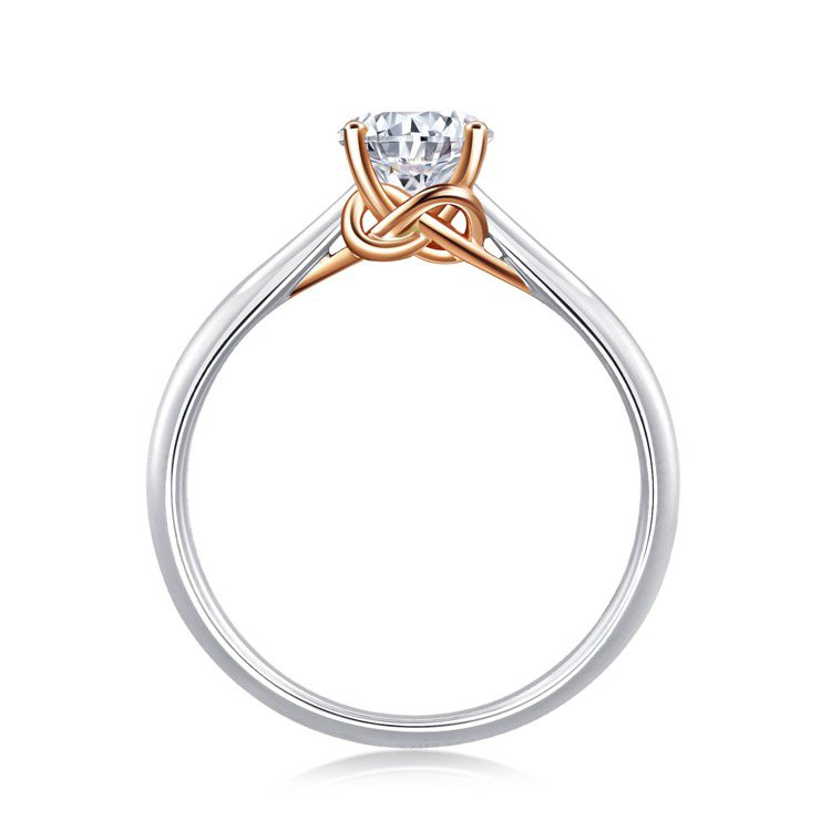點睛品PROMESSA同心結18K白金玫瑰金雙色無限鑽石戒指，主石30分起，48,000元起。圖／點睛品提供