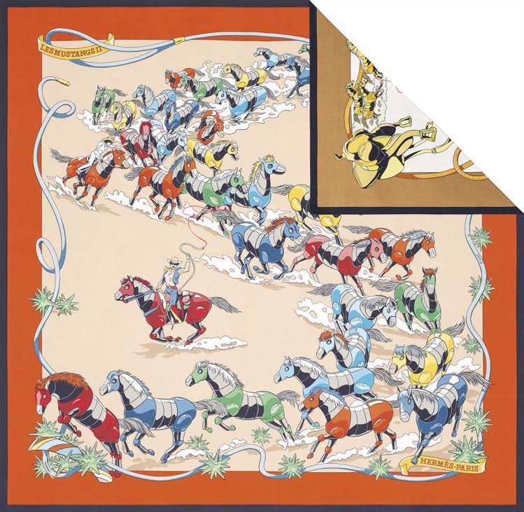 Les Mustangs II圖紋雙面印花斜紋真絲方巾，21,300元。圖／愛馬仕提供