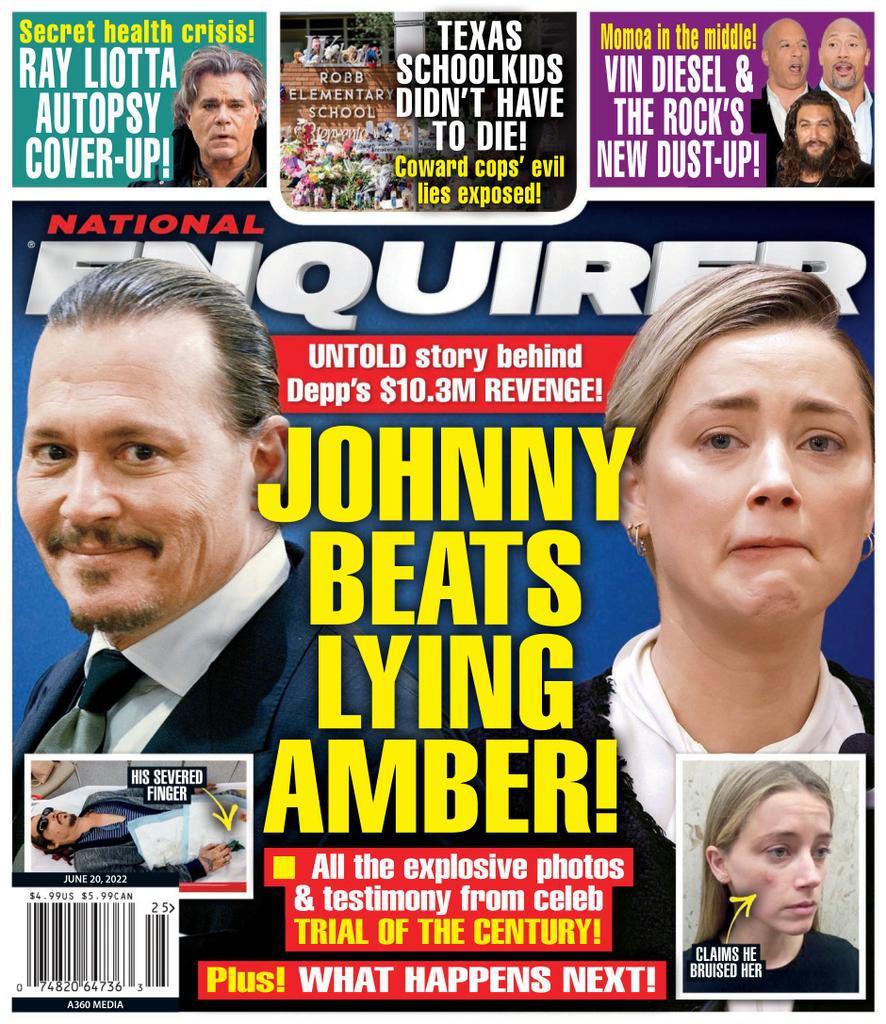 強尼戴普與安珀赫德繼續登上八卦刊物的封面，安珀再度被修理。圖／摘自National Enquirer