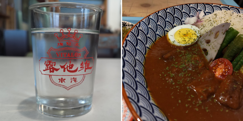 哇咖吚哩內用時，（左起）經典「143玻璃杯」，以及來自日本青海波紋碗裝盛與日式咖哩。（組圖／吳旻育 提供）