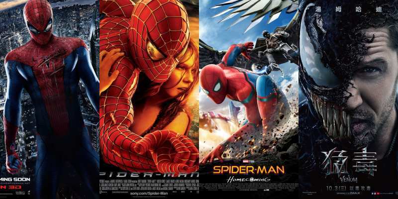 「蜘蛛人驚奇再起」、「蜘蛛人2」、「蜘蛛人：返校日」以及「猛毒」都可在Disney+看到。圖／Disney+提供