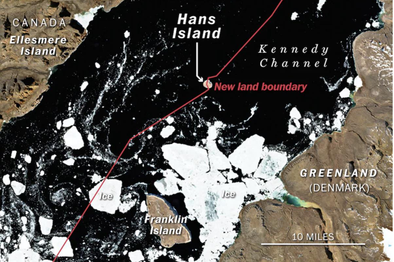 加拿大和丹麥14日宣布解決漢斯島領土爭議。圖為漢斯島的位置，以及兩國在島上畫的新陸地國界。圖／取自加拿大政府官網