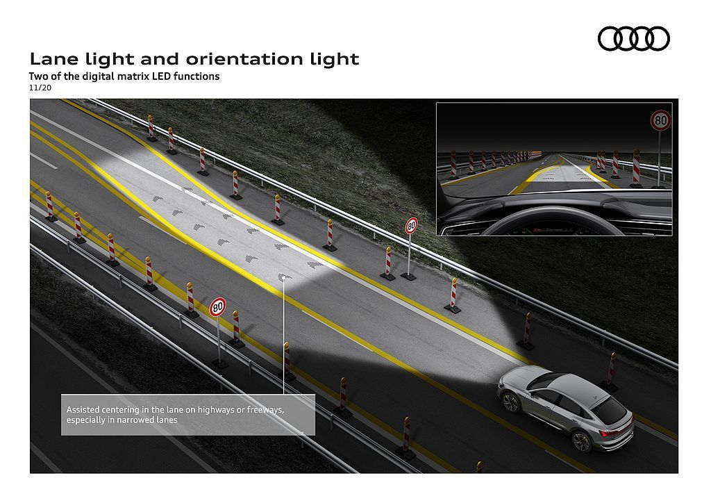 當行駛於施工區周圍時，Digital Matrix LED頭燈會主動偵測，調整照...