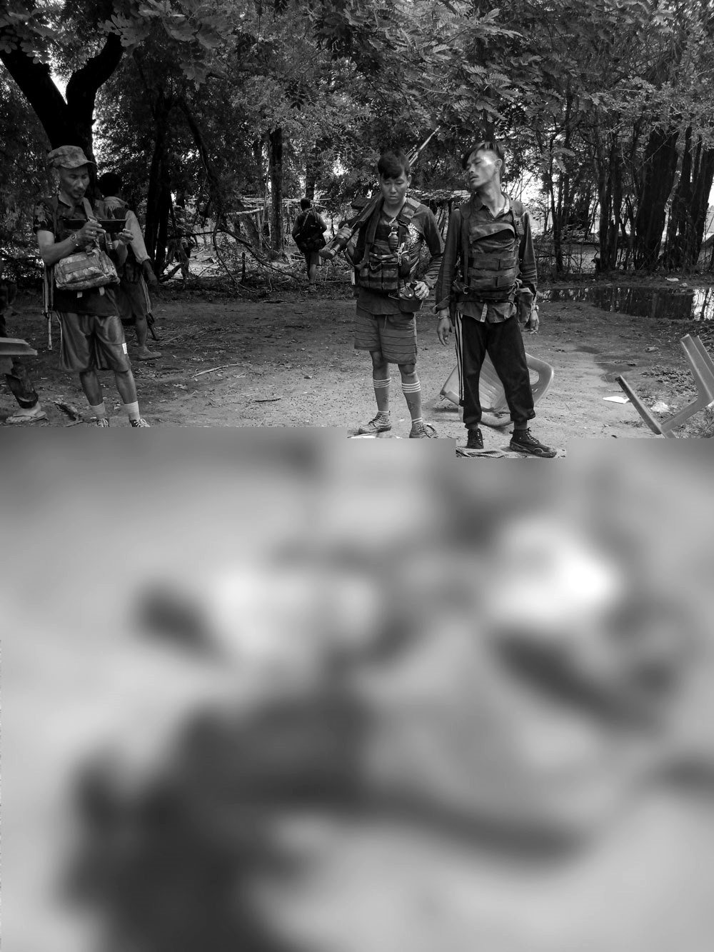 手機中揭露的緬甸軍人殘酷暴行。圖片已經過變色處理。 圖／截自《自由亞洲電台》