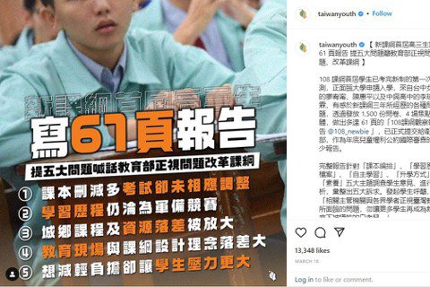 台灣青年民主協會Instagram報導108課綱觀察報告，吸引超過13000個按...