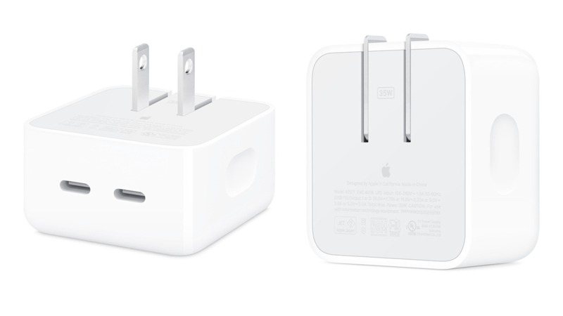 蘋果推出外型方正的「35W雙USB-C埠小型電源轉接器」，兩側有凹洞可方便從插座中取出。（翻攝自蘋果官網）