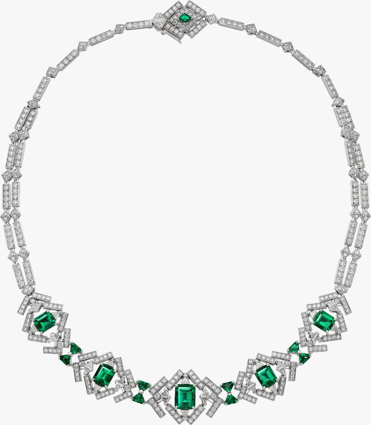 莉莉柯林斯配戴的卡地亞祖母綠高級珠寶項鍊，鉑金與白k金鑲嵌鑽石，與五顆八角形階梯...