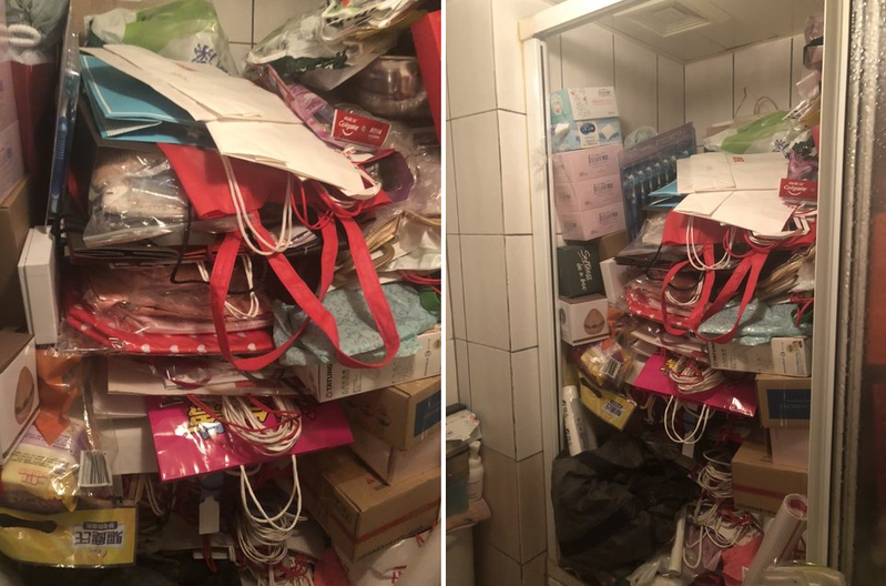 原PO婆婆習慣囤積物品，網友拍下自己房間的浴室也堆滿雜物。圖擷自PTT