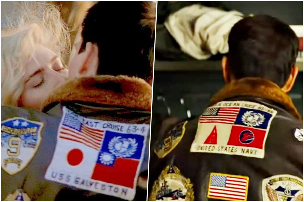 左為《捍一》中，主角飛行夾克的背章，上有中華民國及日本國旗；右為《捍二》原先釋出...