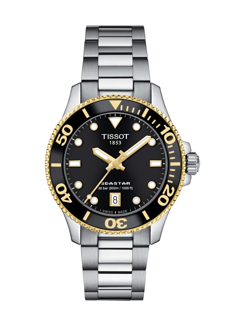 天梭表女款Seastar 1000腕表，精鋼表殼、表鍊，搭配石英機芯，約12,900元。圖／TISSOT提供