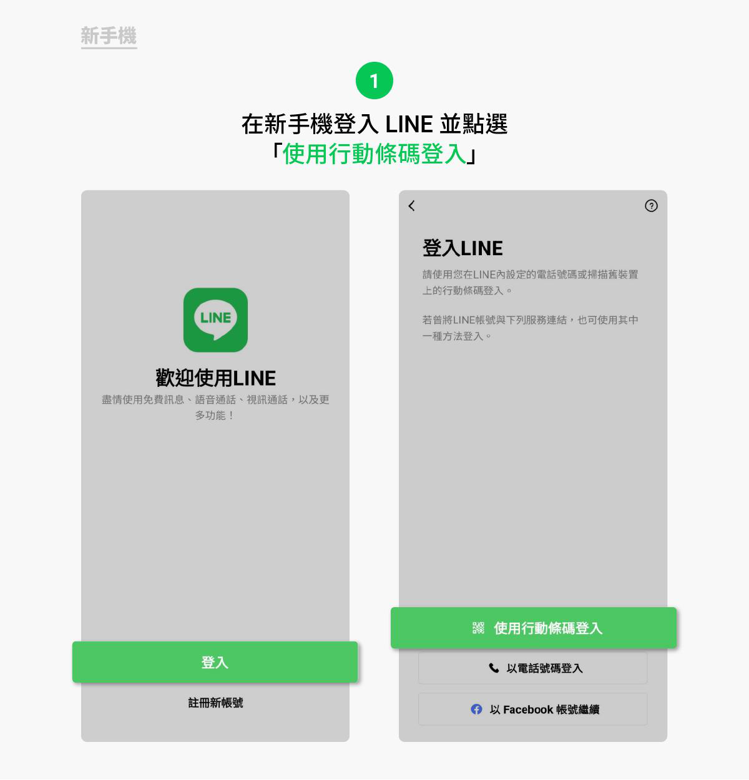 在新手機上下載並登入LINE，選擇「使用行動條碼登入」。圖／摘自LINE台灣官方...