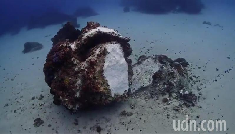 綠島著名潛水點「類摩艾」珊瑚礁岩，疑被外力打斷。記者卜敏正／翻攝