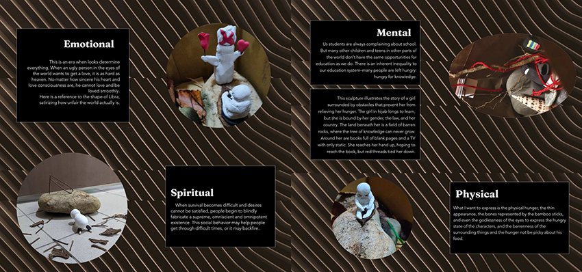 學生運用身邊隨手可得的素材創造四種不同雕像，呈現身心各個層面的「飢餓」狀態。 中...