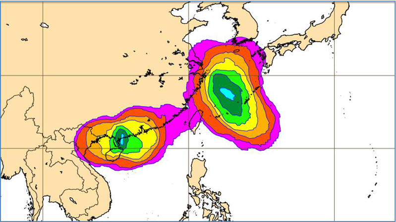 最新(28日20時)歐洲(ECMWF)系集模式，模擬未來幾天南海、菲律賓東方各有「熱帶擾動」發展；兩者先後發展成颱的機率、逐日提高。圖/擷取自「三立準氣象．老大洩天機」專欄