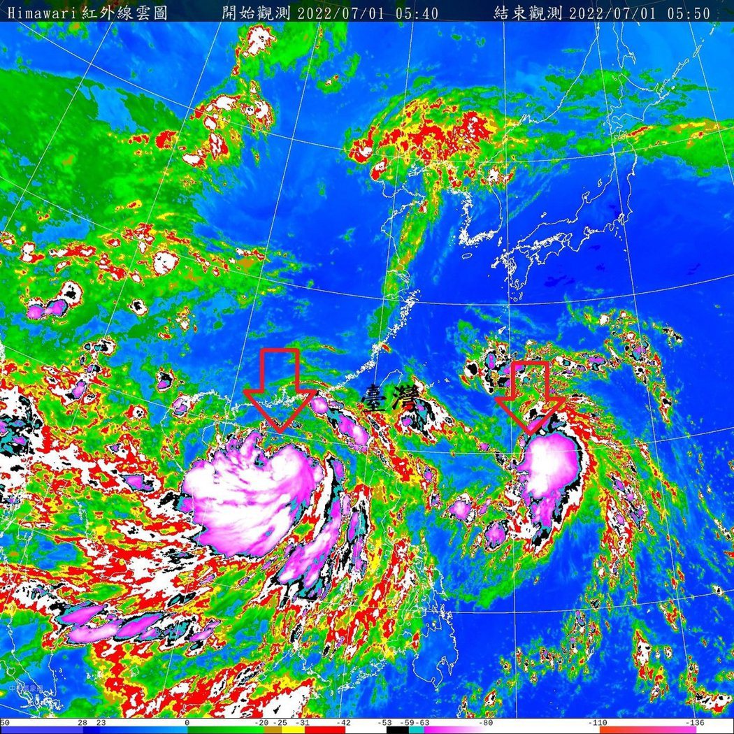 太平洋地區有輕度颱風芙蓉（左）和熱帶性低氣壓（右）。圖／取自鄭明典臉書
