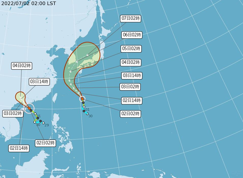 輕颱芙蓉今天中午將登陸朝廣東雷州半島附近；輕颱艾利則於今夜通過琉球海面。圖／取自氣象局網站