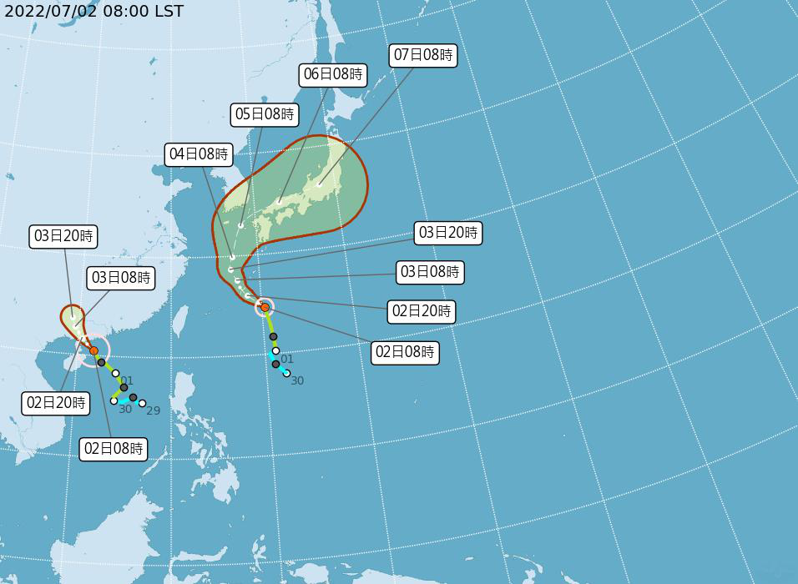 颱風芙蓉、艾利分別往廣東及日本前進，雖對台灣無直接影響，但會帶來明顯水氣，全台留意降雨。圖／氣象局提供