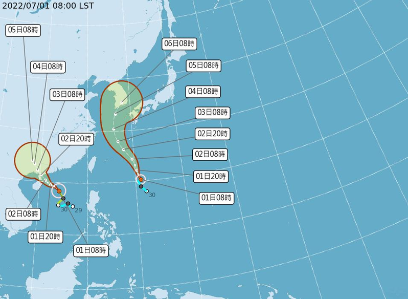 颱風芙蓉於今日下午升格為中度颱風，稍早於中國大陸廣東茂名登陸；颱風艾利則往日本、韓國方向前進，台灣仍要注意強風及降雨。圖／氣象局提供