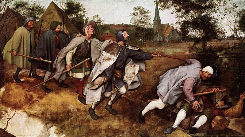 「瞎子帶著瞎子走路」（The Blind Leading the Blind）是文藝復興時期畫家老彼得．布勒哲爾1568年的作品。 圖／取自維基百科