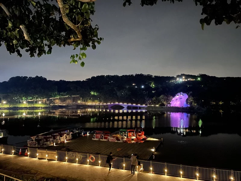 新竹市政府7月2日起至31日在青草湖推出「湖光島藝術節」，正式點燈，歡迎民眾來尋...