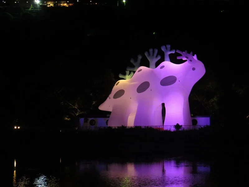 新竹市政府7月2日起至31日在青草湖推出「湖光島藝術節」，正式點燈，歡迎民眾來尋...