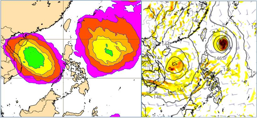歐洲（ECMWF）系集模式（左圖）及美國（GFS）模式（右圖）下周二模擬圖皆顯示...