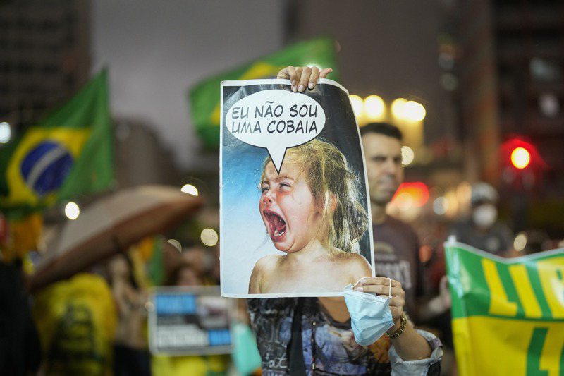 一名反疫苗示威者今年2月在聖保羅抗議時舉著「我不是天竺鼠」海報。巴西的假訊息從質疑疫苗安全性貼文起家。美聯社