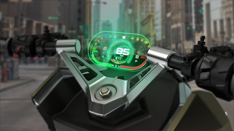 ottobike Group將在未來車款上搭載浮空儀表，讓騎乘者直接利用雙眼即可觀看懸浮在空中的虛擬儀表板資訊。 圖／品睿綠能提供