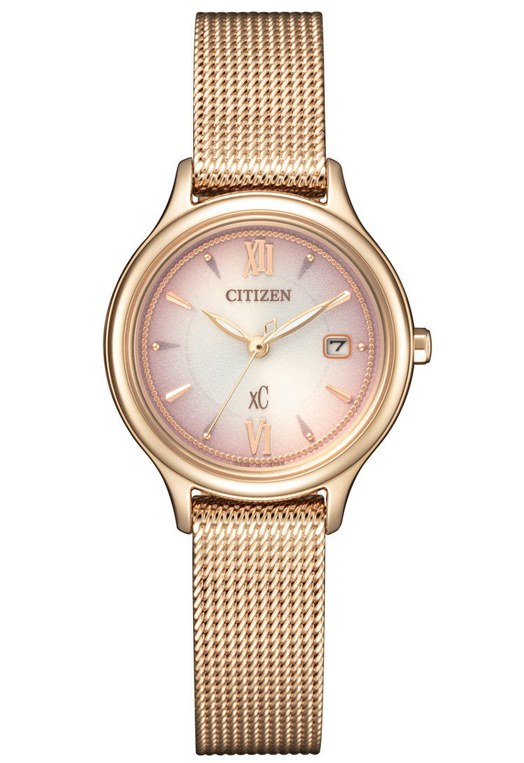 CITIZEN xC系列EW2635-54W光動能腕表，精鋼表殼與表鍊皆鍍Sakura pink櫻花粉紅金，15,800元。圖／CITIZEN提供