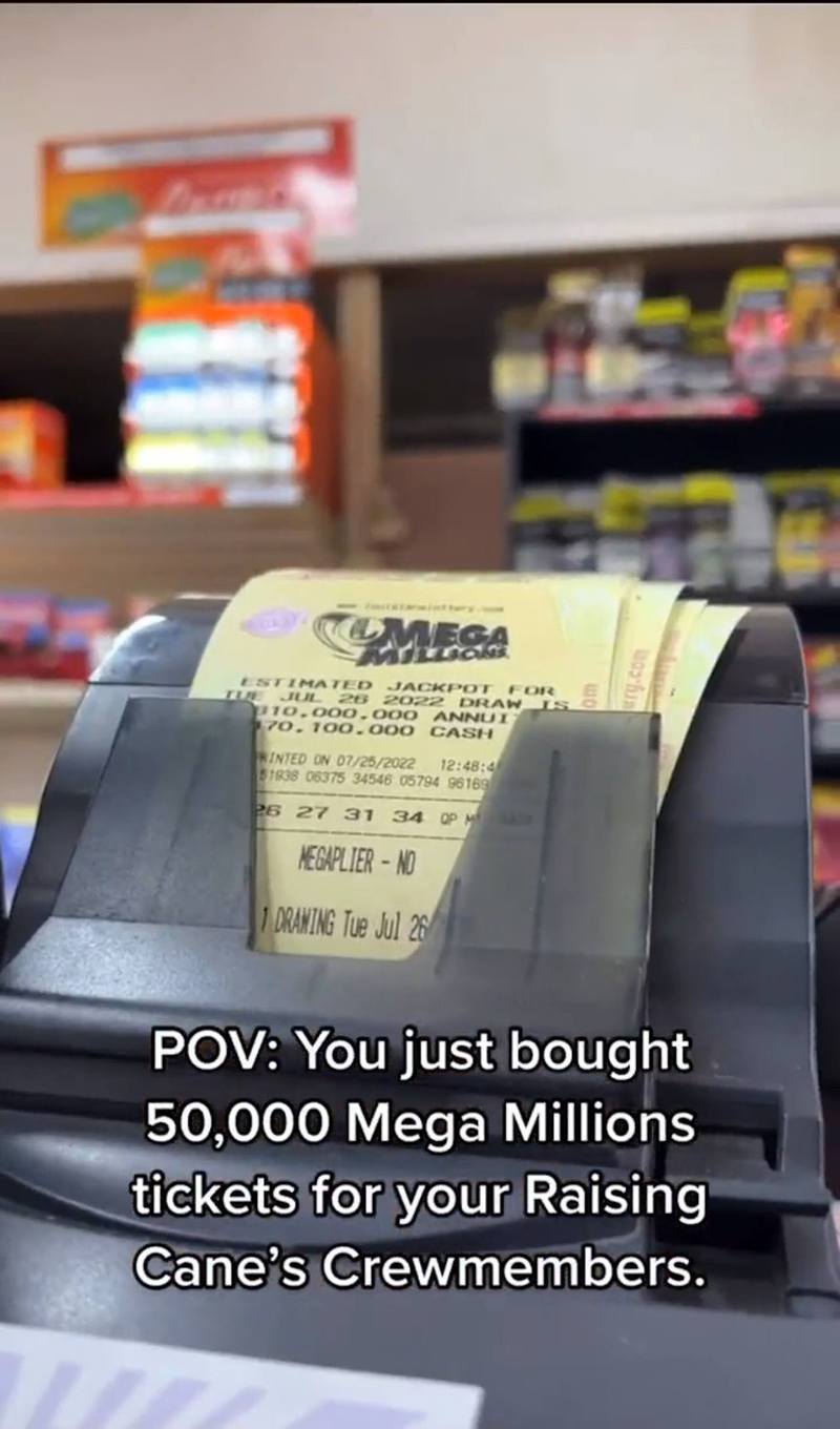 美國有連鎖快餐店老闆為員工購買了5萬張彩券，希望有員工可以中頭獎然後個個分錢。「Todd Graves」Twitter影片截圖