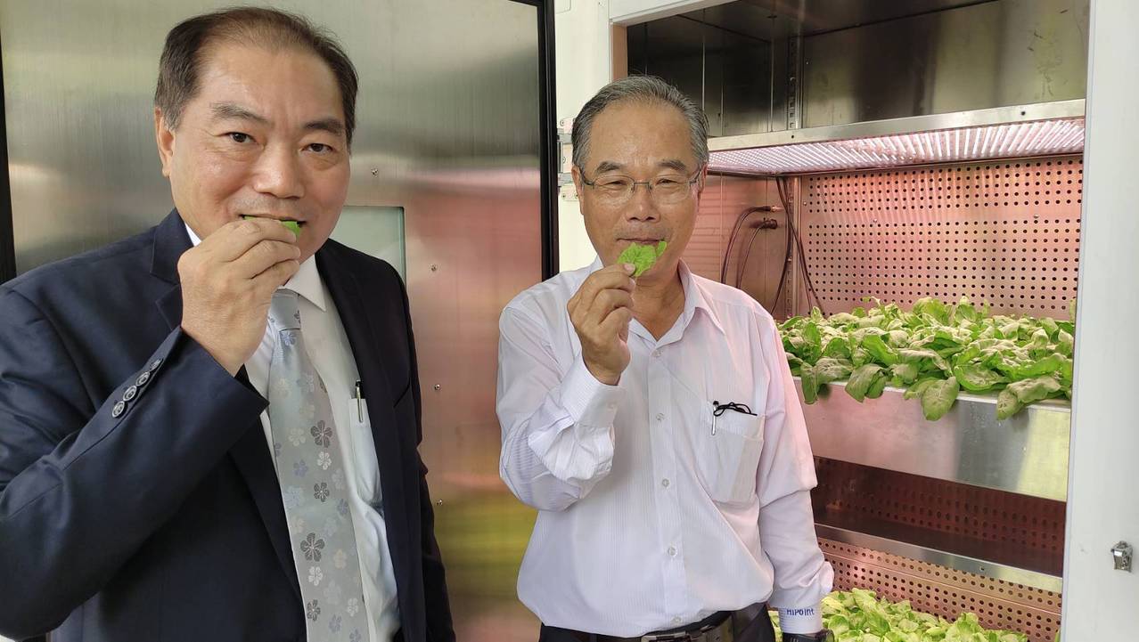 屏科大農學院院長陳和賢(左)與海博特公司董事長張簡慶賓一起品嚐環境模擬箱所培育的蔬菜。 楊鎮州/攝影