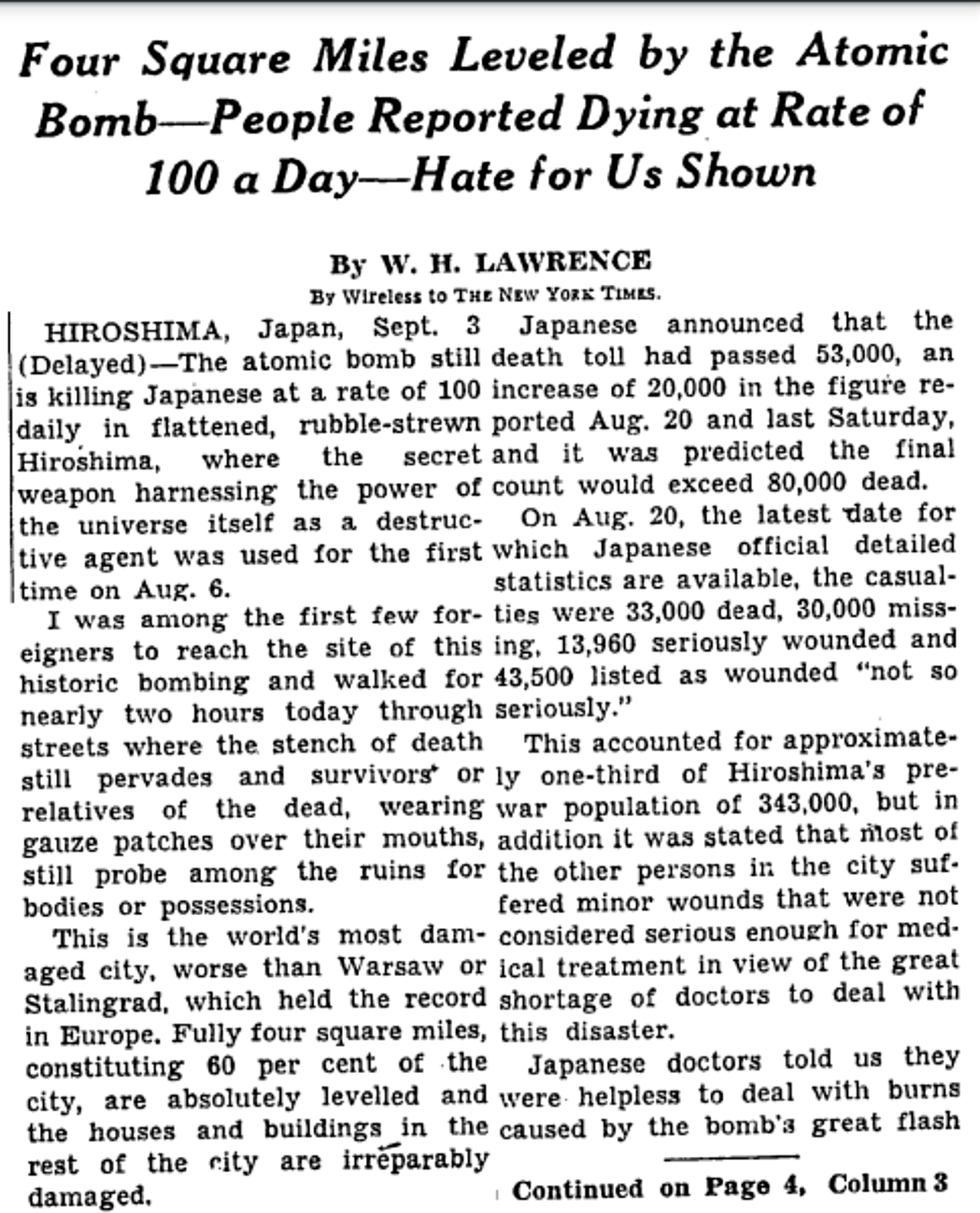 1945年《紐約時報》關於廣島原爆的報導。 圖／《紐約時報》報紙影像