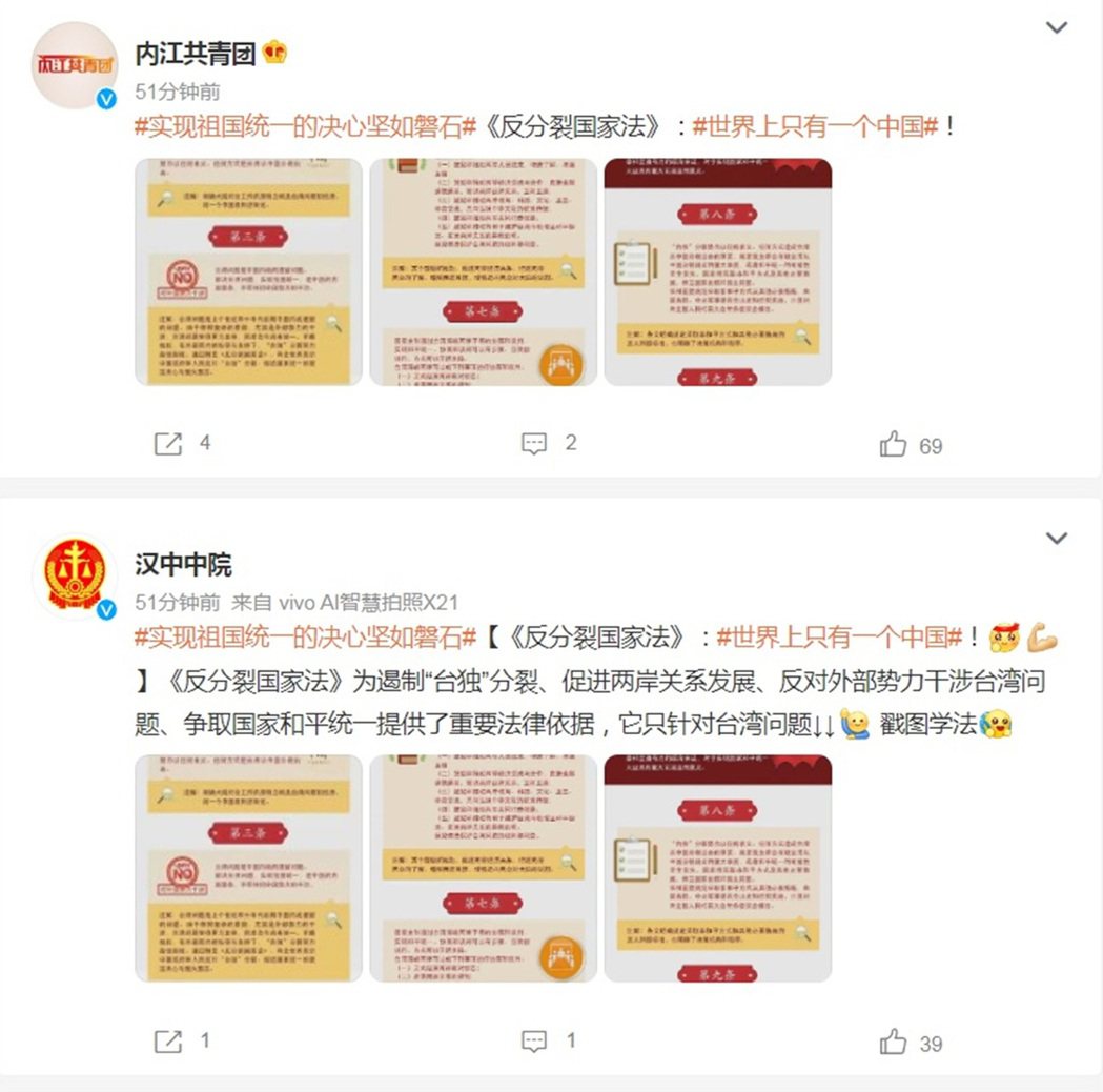 微博上輿論大呼「世界上只有一個中國」。 圖／微博