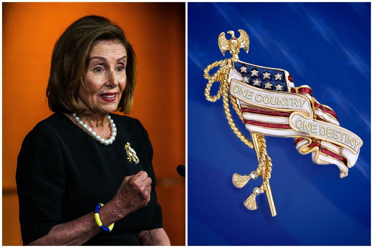Ann Hand曾設計過的另一款胸針也曾為Nancy Pelosi多次配戴，具有美國國旗、老鷹圖騰的這枚胸針，有著林肯的名言「One Country One Destiny」。圖 / 翻攝自 ig （合成圖）