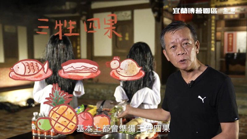 林茂賢說明中元普渡的祭品會有三牲四果，包含3種牲禮的魚、豬肉、雞。圖／全聯善美的文化藝術基金會提供