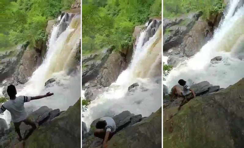 印度一名男子在瀑布上方拍影片，�Y果不慎失足��落。 �D�X自推特