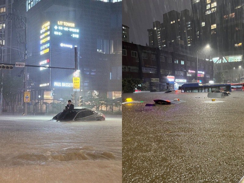 南韓首爾首都圈8日降下大雨，有民眾拍下一名男子受困車頂的驚險畫面。
圖擷自Twitter