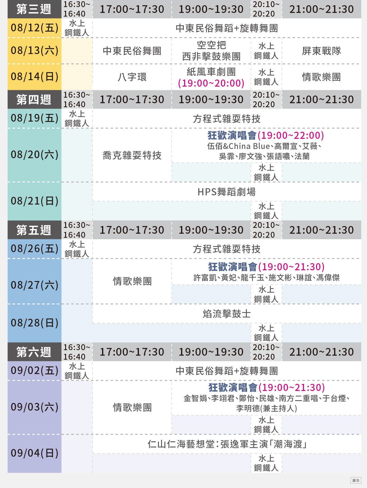 活動演出時間表 圖／屏東FUN暑假夏日狂歡祭官方網站提供