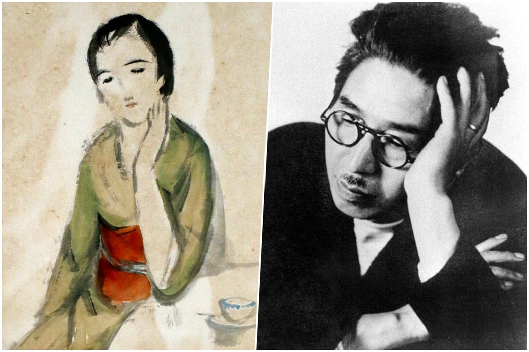 日本畫家竹久夢二（右）及其作品「Yoimachigusa」中的一位穿著和服的女人...