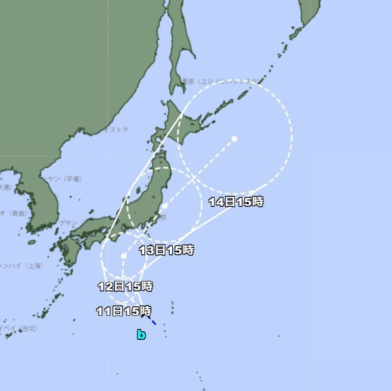 日本放送協會（NHK）今天報導，在日本小笠原群島近海附近朝西北方行進的熱帶低氣壓，預料將在11日上午前發展成今年第8號颱風。圖／取自日本氣象廳