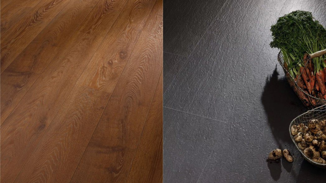德國 MEISTER 莊園系列的布朗尼橡木地板（左）和仿板岩的超耐磨木地板（右）...