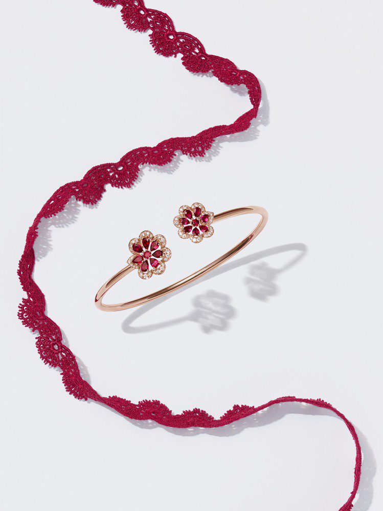 Precious Lace系列手鐲，符合倫理道德標準的18K玫瑰金鑲嵌紅寶石與鑽...