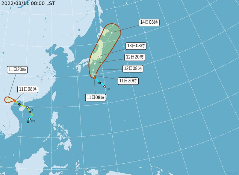 木蘭颱風已降回熱帶性低氣壓，目前進入中南半島；另一熱帶性低氣壓TD10目前位於日本南方海面。圖／氣象局提供