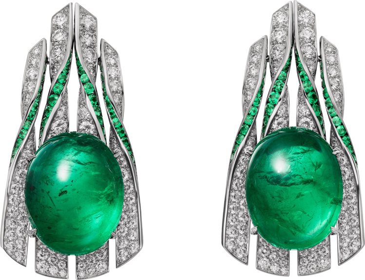 DODONE祖母綠耳環，白K金鑲嵌2顆共重29.19克拉橢圓形衣索比亞祖母綠。圖／卡地亞提供