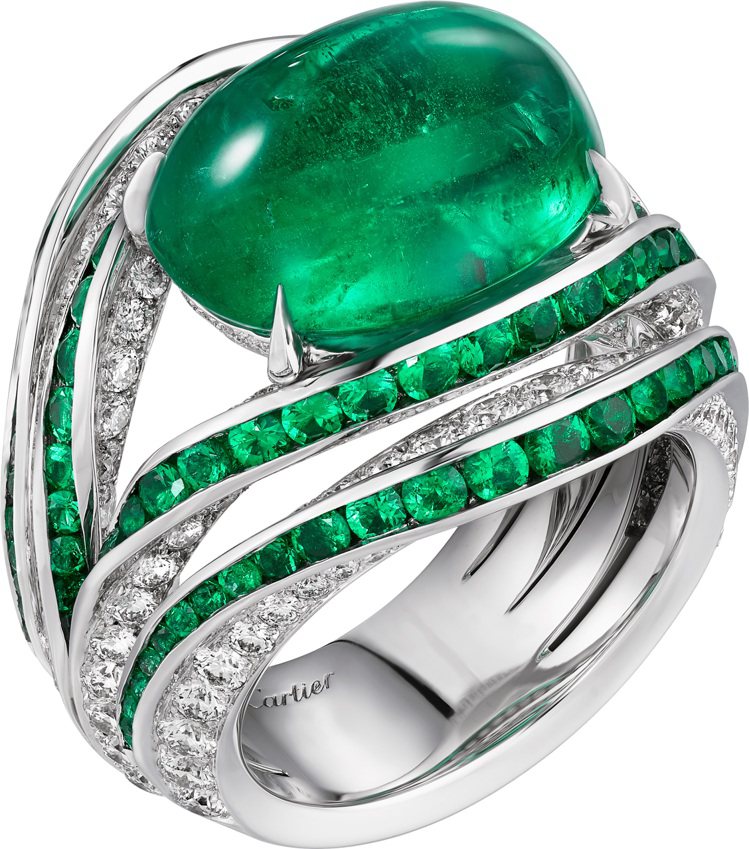 DODONE祖母綠戒指，白K金鑲嵌一顆重10.72克的橢圓形衣索比亞祖母綠主石。圖／卡地亞提供