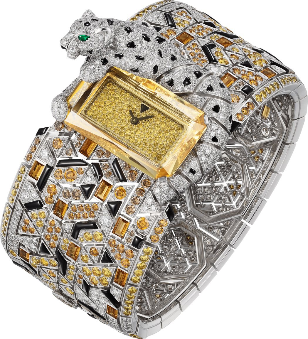 Panthère cubist美洲豹腕表，石英機芯，白K金表殼和表帶鑲嵌一顆重2...